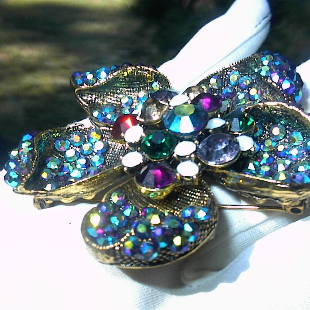SUPERB! GORGEOUS CARIBBEAN BLUE RHINESTONE STAR FISH 3" VINTAGE BROOCH PIN! RARE
